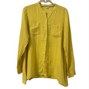 Eileen Fisher Linen Button Up Tunic Shirt Small Yellow Lagenlook Mandarin Collar